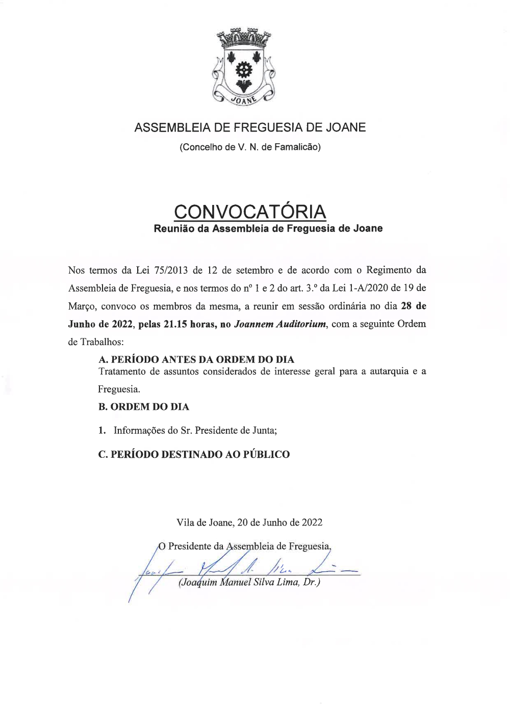 Convocatória da Assembleia de Freguesia - Junho 2022